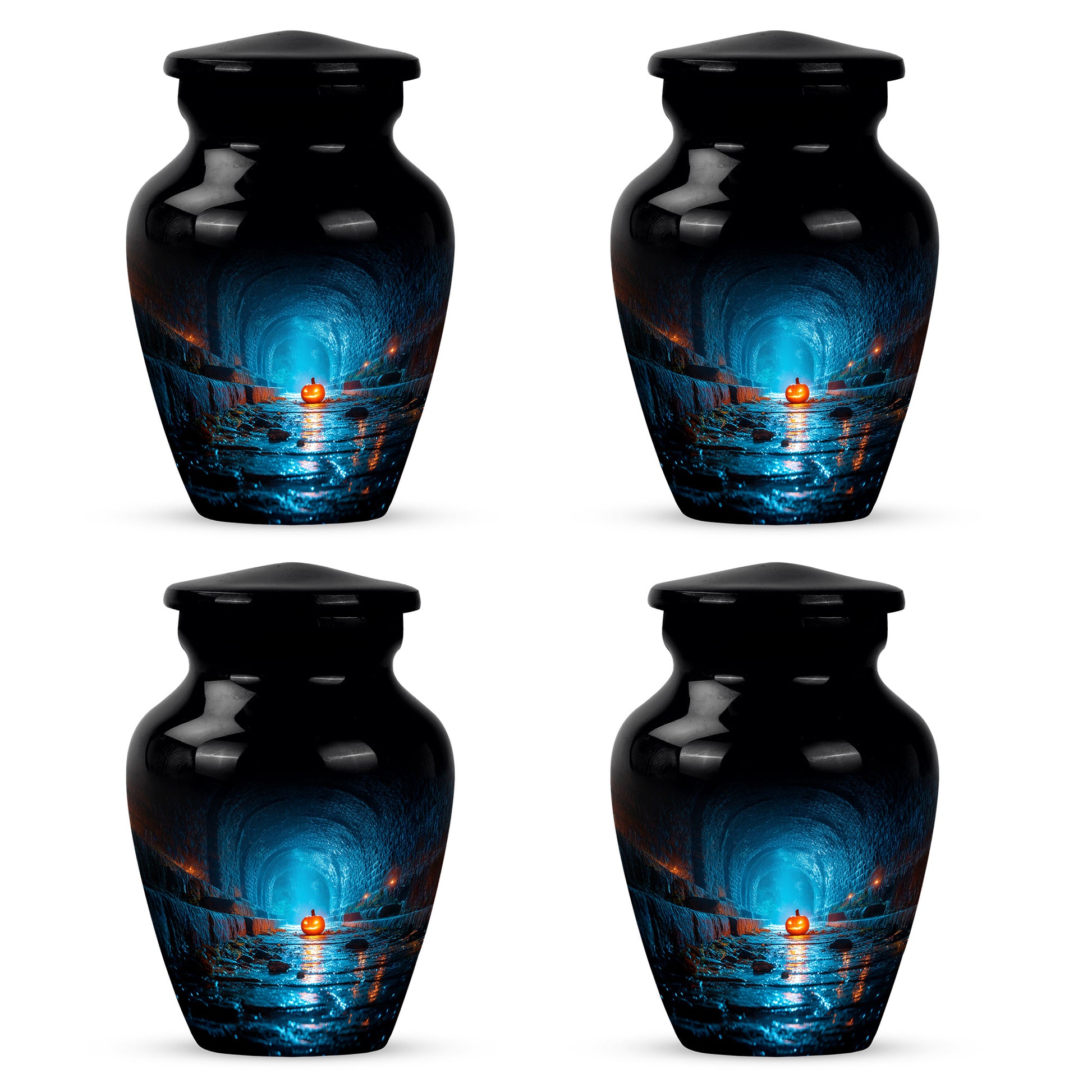 Deep Black Halloween Cremation Urn side profile showing urn shape - classic sculpted halloween pattern on smooth aluminum - 10 inch aluminum urn for cremated remains
