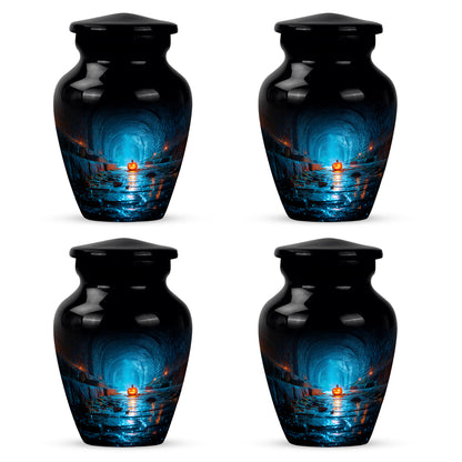 Deep Black Halloween Cremation Urn side profile showing urn shape - classic sculpted halloween pattern on smooth aluminum - 10 inch aluminum urn for cremated remains