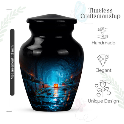 Dark Black Halloween Cremation Urn close-up of engraving and surface detail - traditional halloween engraving with hand-polished finish - mini keepsake memorial for portion of cremation ashes