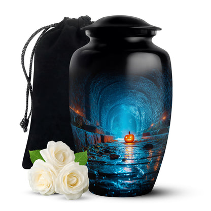 Ebony Halloween Cremation Urn angled view of lid and engraved motif - timeless halloween motif etched into premium metal - full-size 10 inch 200 cubic inch adult cremation urn
