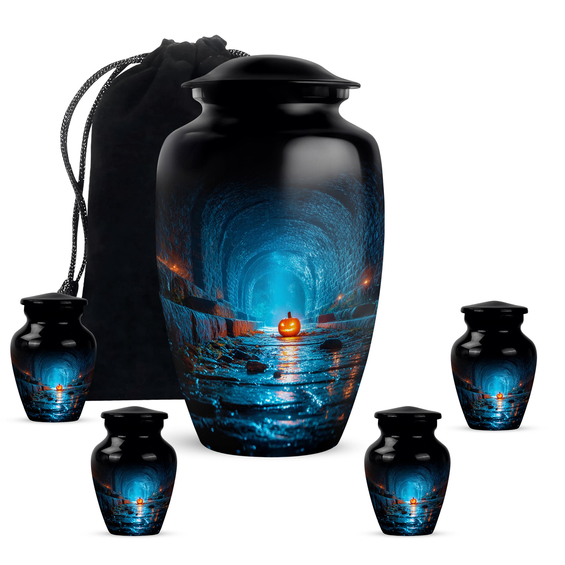 Ebony Halloween Cremation Urn top-down view of secure threaded lid - classic sculpted halloween pattern on smooth aluminum - memorial set with one large and four small urns