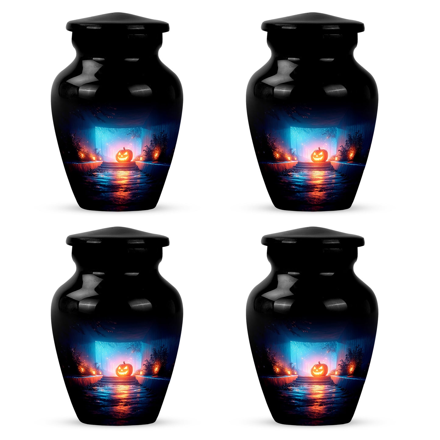 Onyx Black Halloween Cremation Urn side profile showing urn shape - elegant classic halloween relief with fine detailing - 10 inch aluminum urn for cremated remains
