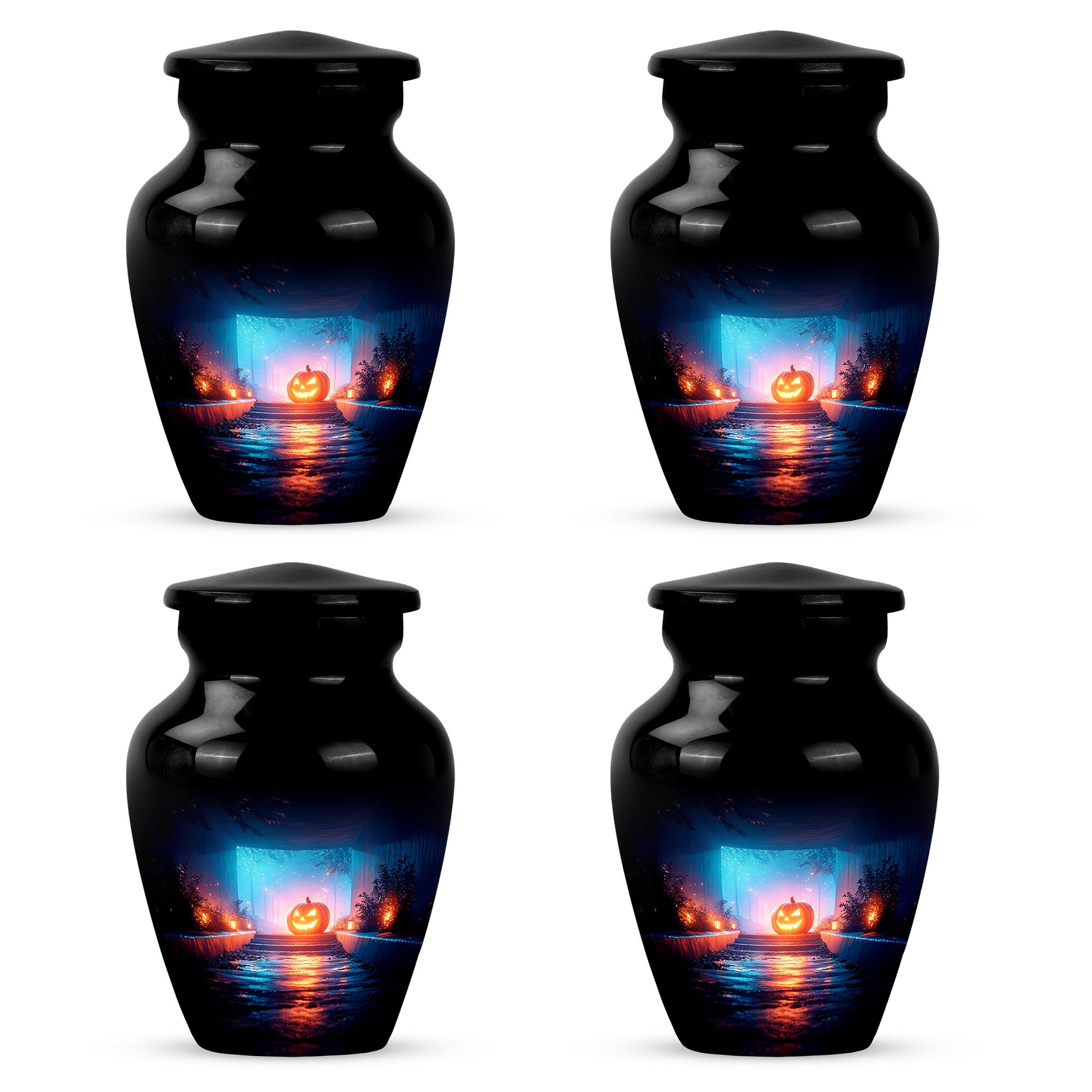 Onyx Black Halloween Cremation Urn side profile showing urn shape - elegant classic halloween relief with fine detailing - 10 inch aluminum urn for cremated remains