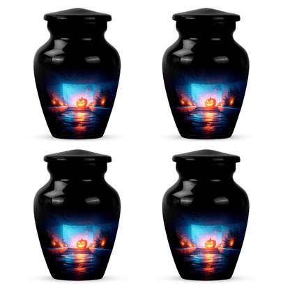 Onyx Black Halloween Cremation Urn side profile showing urn shape - elegant classic halloween relief with fine detailing - 10 inch aluminum urn for cremated remains