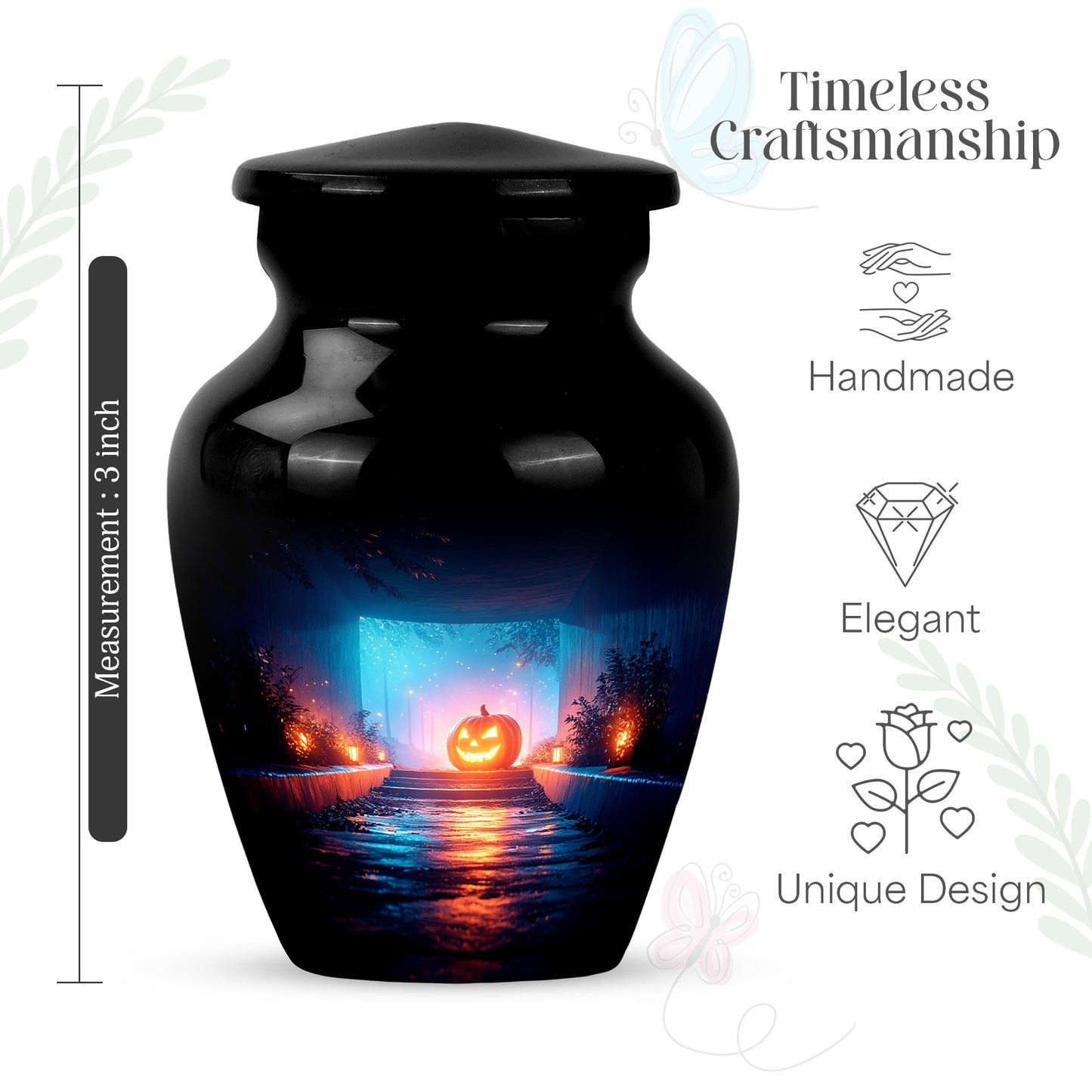 Deep Black Halloween Cremation Urn close-up of engraving and surface detail - timeless halloween motif etched into premium metal - mini keepsake memorial for portion of cremation ashes