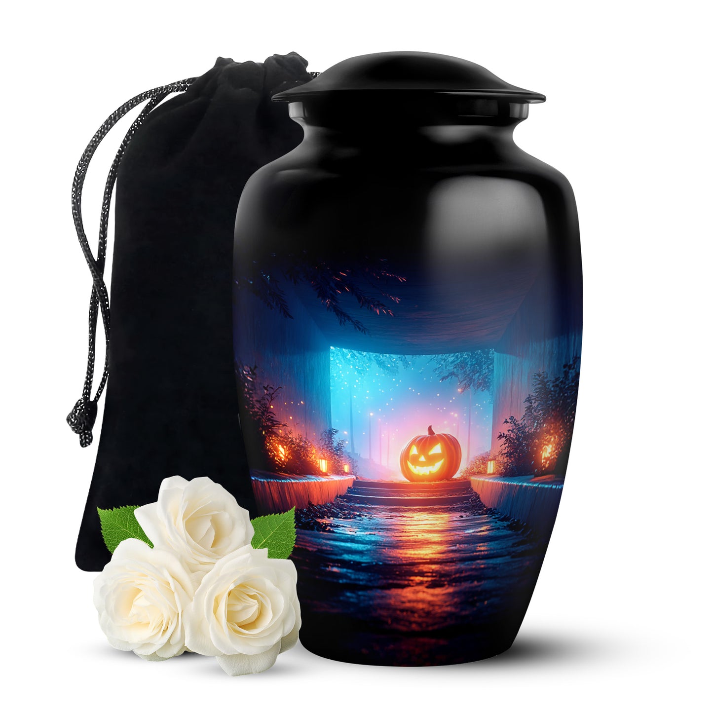 Deep Black Halloween Cremation Urn angled view of lid and engraved motif - timeless halloween motif etched into premium metal - full-size 10 inch 200 cubic inch adult cremation urn