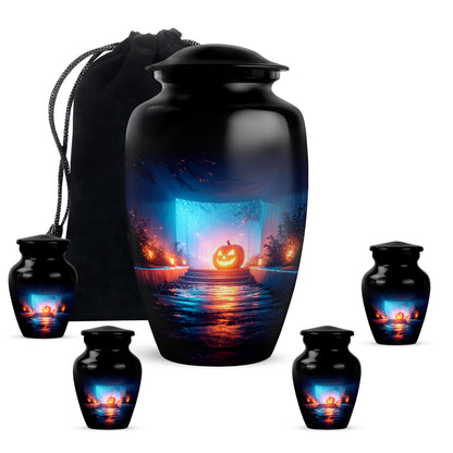 Rich Black Halloween Cremation Urn top-down view of secure threaded lid - timeless halloween motif etched into premium metal - memorial set with one large and four small urns