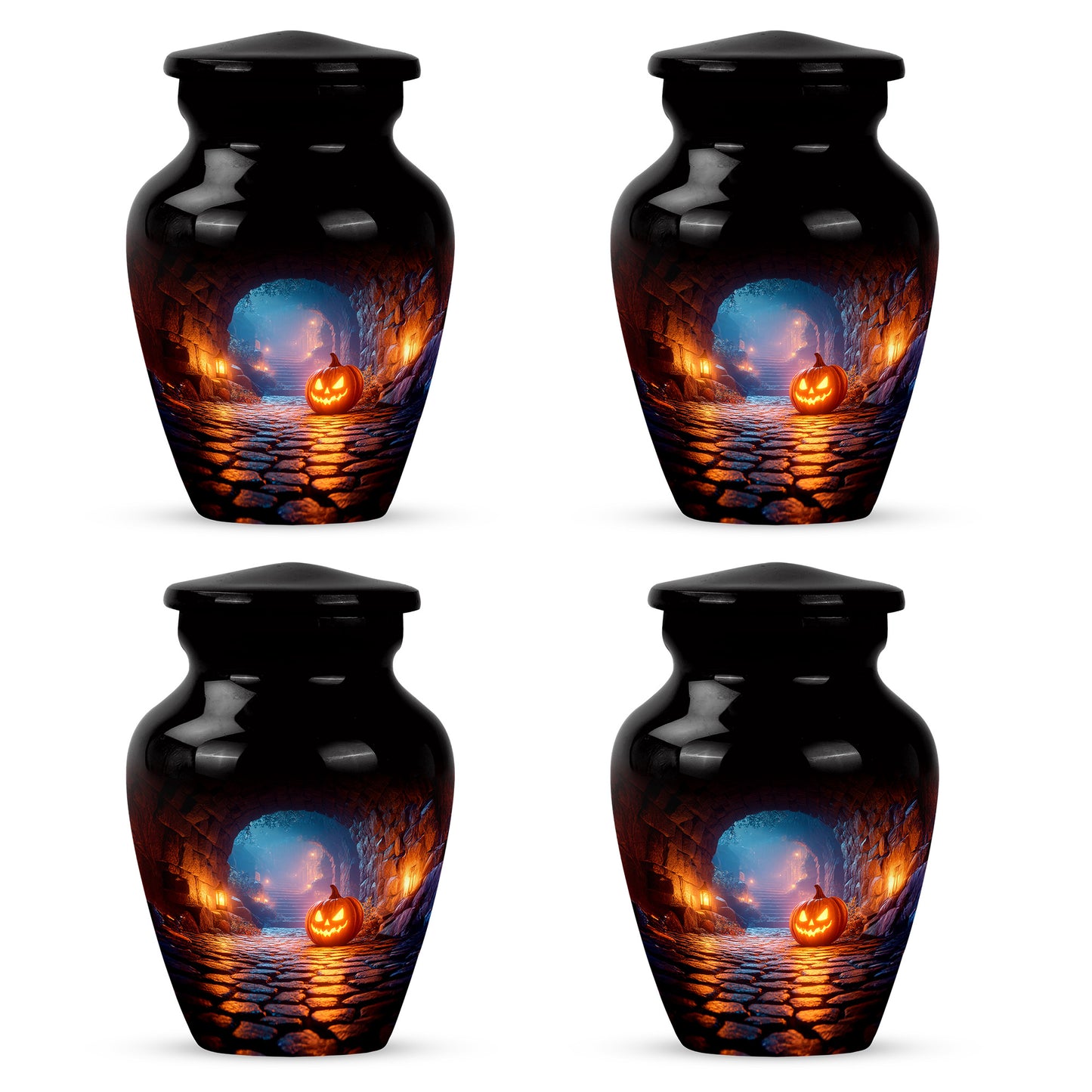 Ebony Halloween Cremation Urn side profile showing urn shape - timeless halloween motif etched into premium metal - 10 inch aluminum urn for cremated remains