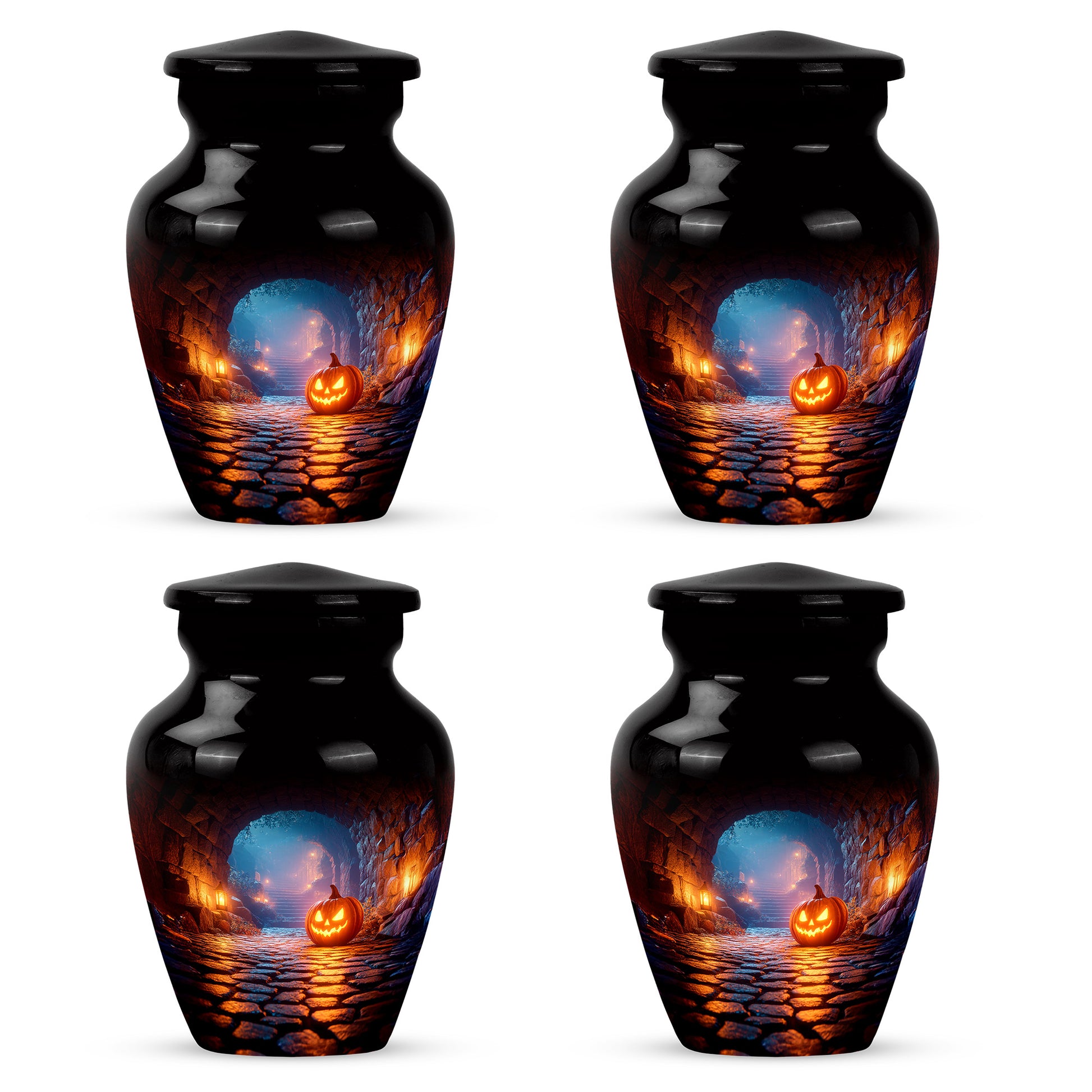 Ebony Halloween Cremation Urn side profile showing urn shape - timeless halloween motif etched into premium metal - 10 inch aluminum urn for cremated remains
