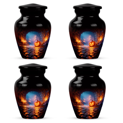 Ebony Halloween Cremation Urn side profile showing urn shape - timeless halloween motif etched into premium metal - 10 inch aluminum urn for cremated remains