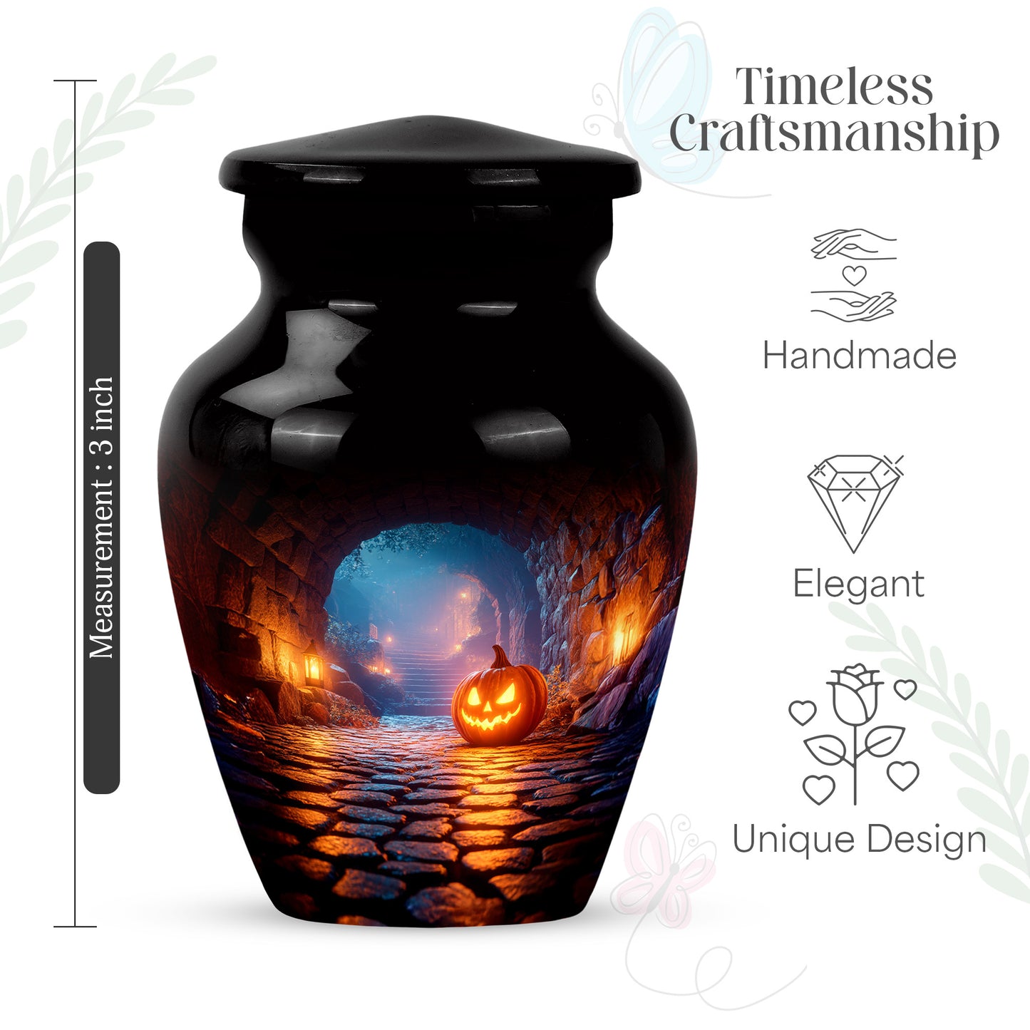 Deep Black Halloween Cremation Urn close-up of engraving and surface detail - timeless halloween motif etched into premium metal - mini keepsake memorial for portion of cremation ashes