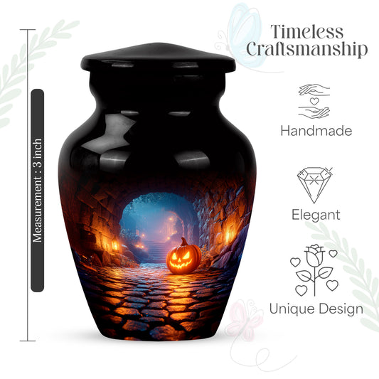 Deep Black Halloween Cremation Urn close-up of engraving and surface detail - timeless halloween motif etched into premium metal - mini keepsake memorial for portion of cremation ashes