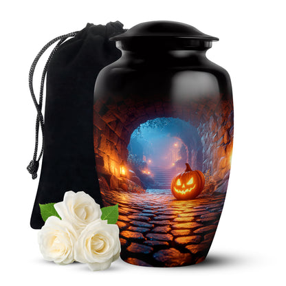 Midnight Black Halloween Cremation Urn angled view of lid and engraved motif - traditional halloween engraving with hand-polished finish - full-size 10 inch 200 cubic inch adult cremation urn