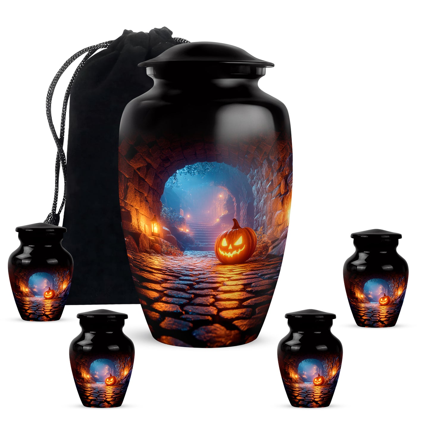 Jet Black Halloween Cremation Urn top-down view of secure threaded lid - classic sculpted halloween pattern on smooth aluminum - memorial set with one large and four small urns