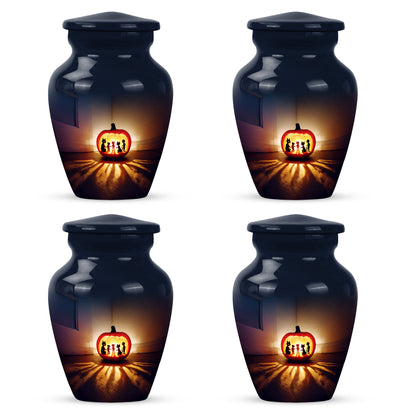 Sky Blue Halloween Cremation Urn side profile showing urn shape - classic sculpted halloween pattern on smooth aluminum - 10 inch aluminum urn for cremated remains