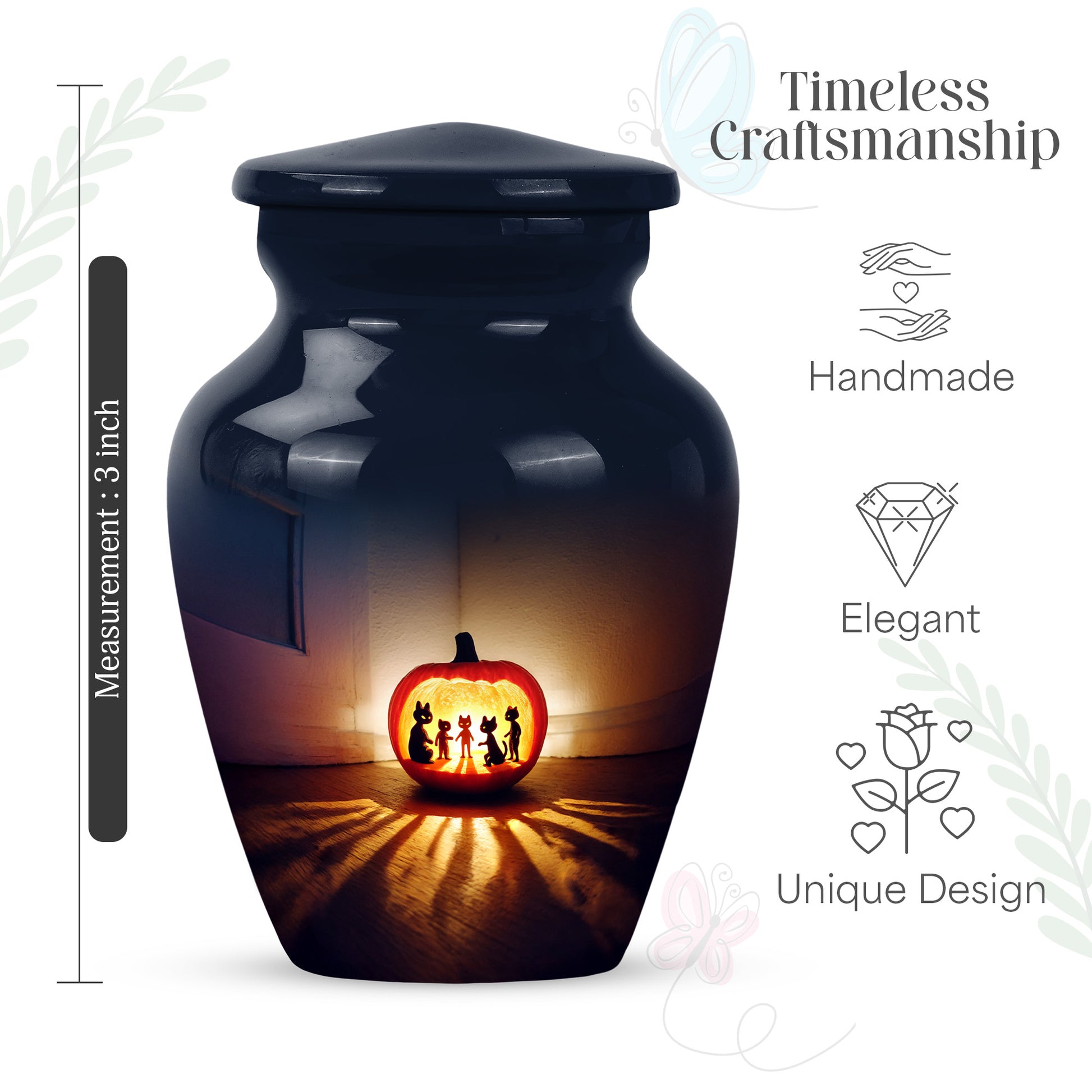 Dusty Blue Halloween Cremation Urn close-up of engraving and surface detail - classic sculpted halloween pattern on smooth aluminum - mini keepsake memorial for portion of cremation ashes