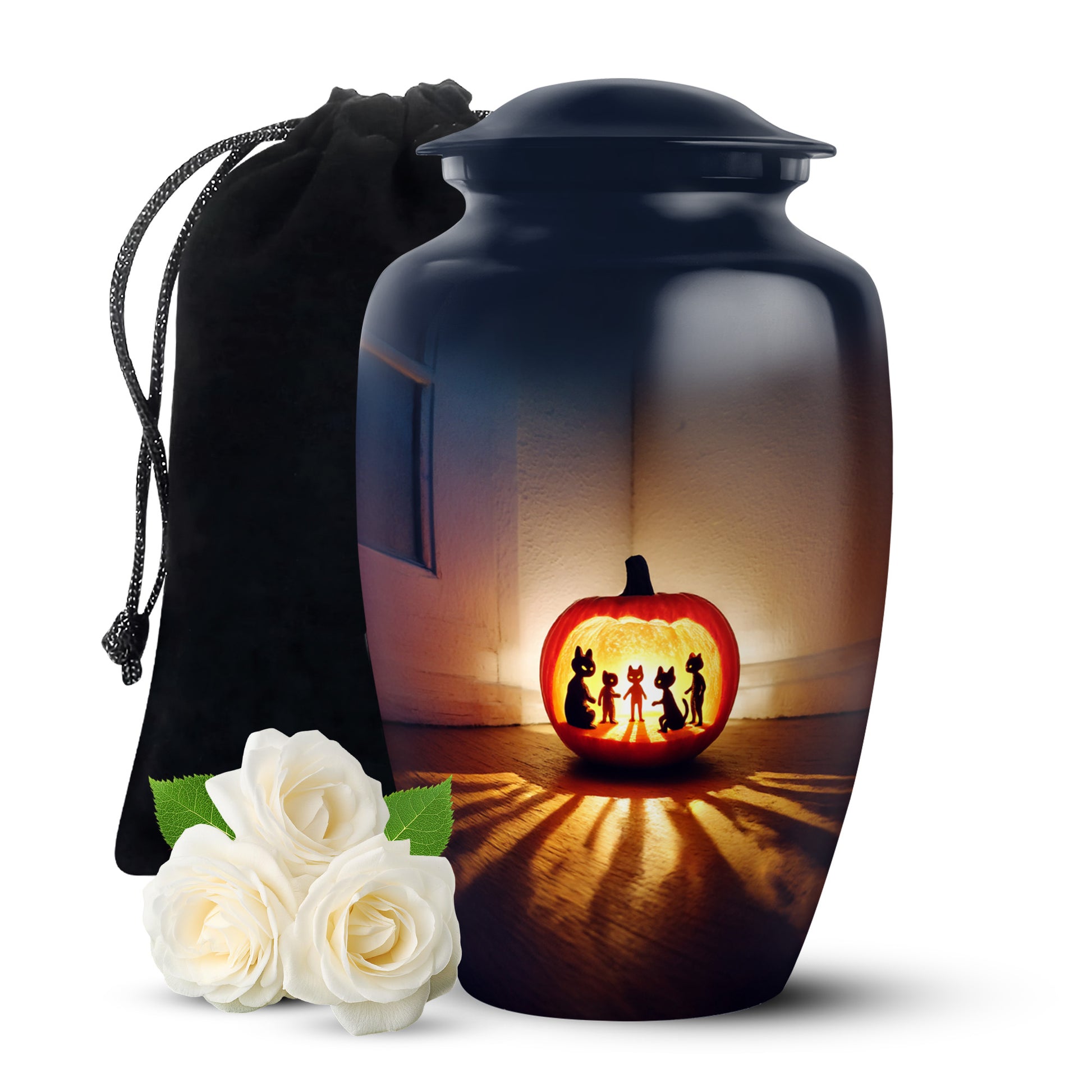 Celestial Blue Halloween Cremation Urn angled view of lid and engraved motif - timeless halloween motif etched into premium metal - full-size 10 inch 200 cubic inch adult cremation urn
