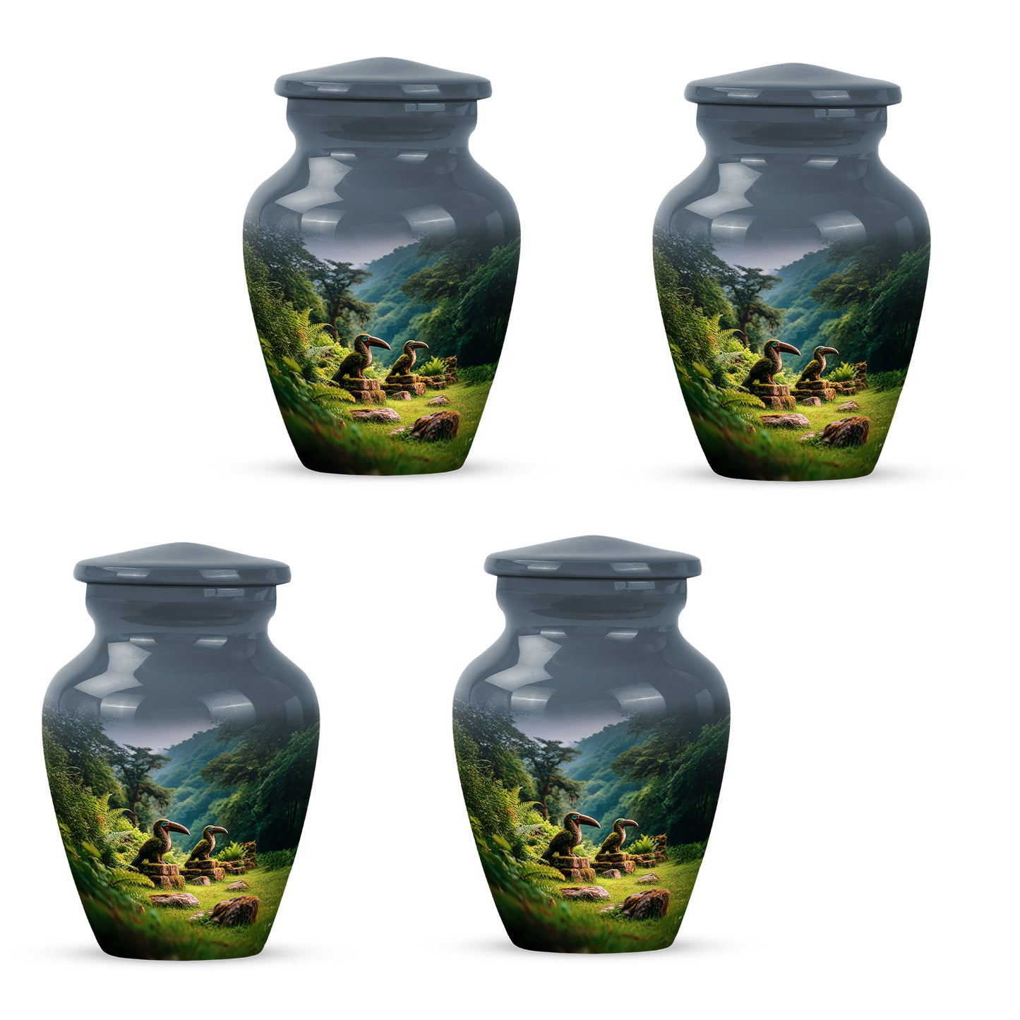 Sapphire Blue Hornbill Cremation Urn side profile showing urn shape - traditional hornbill engraving with hand-polished finish - 10 inch aluminum urn for cremated remains