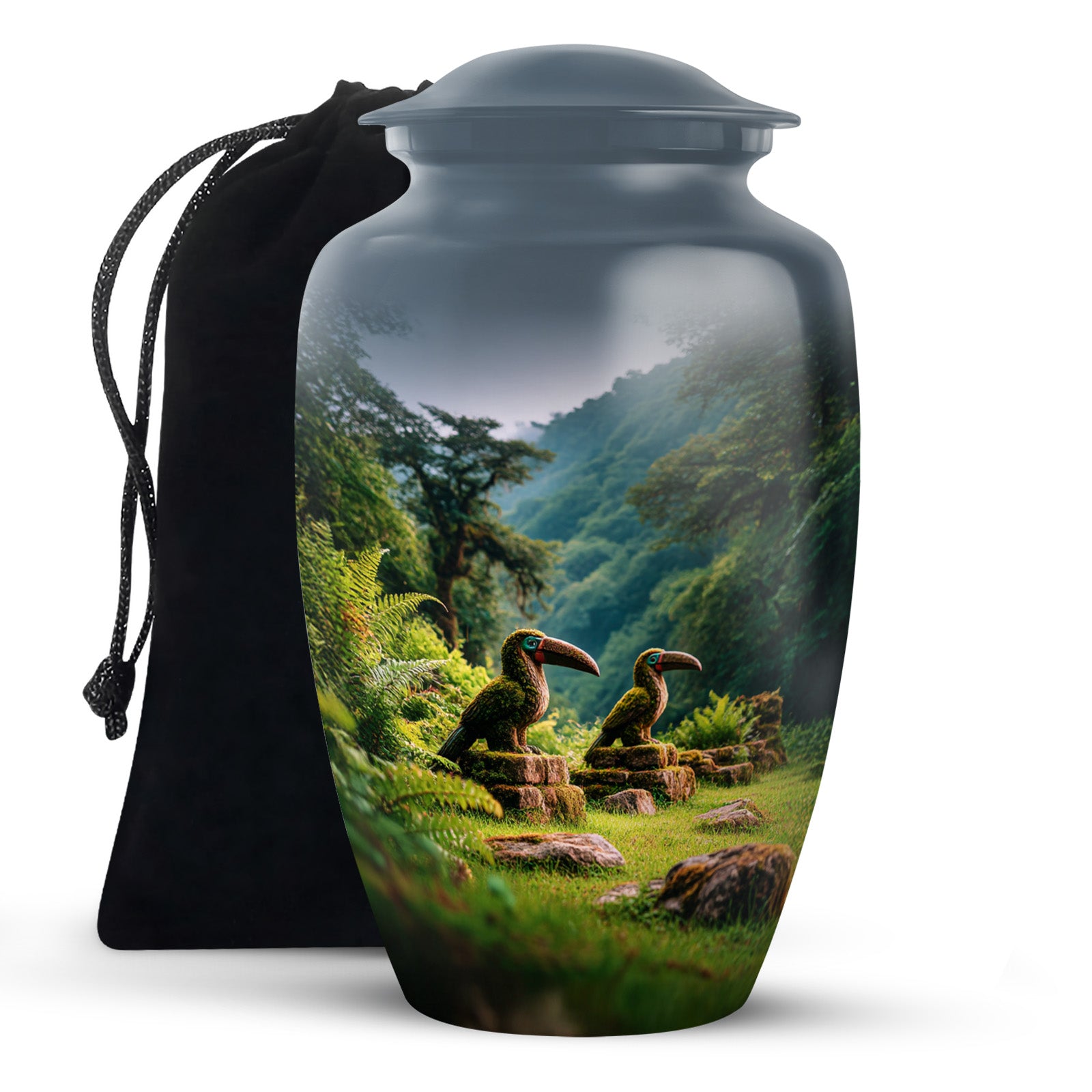 Indigo Hornbill Cremation Urn angled view of lid and engraved motif - classic sculpted hornbill pattern on smooth aluminum - full-size 10 inch 200 cubic inch adult cremation urn