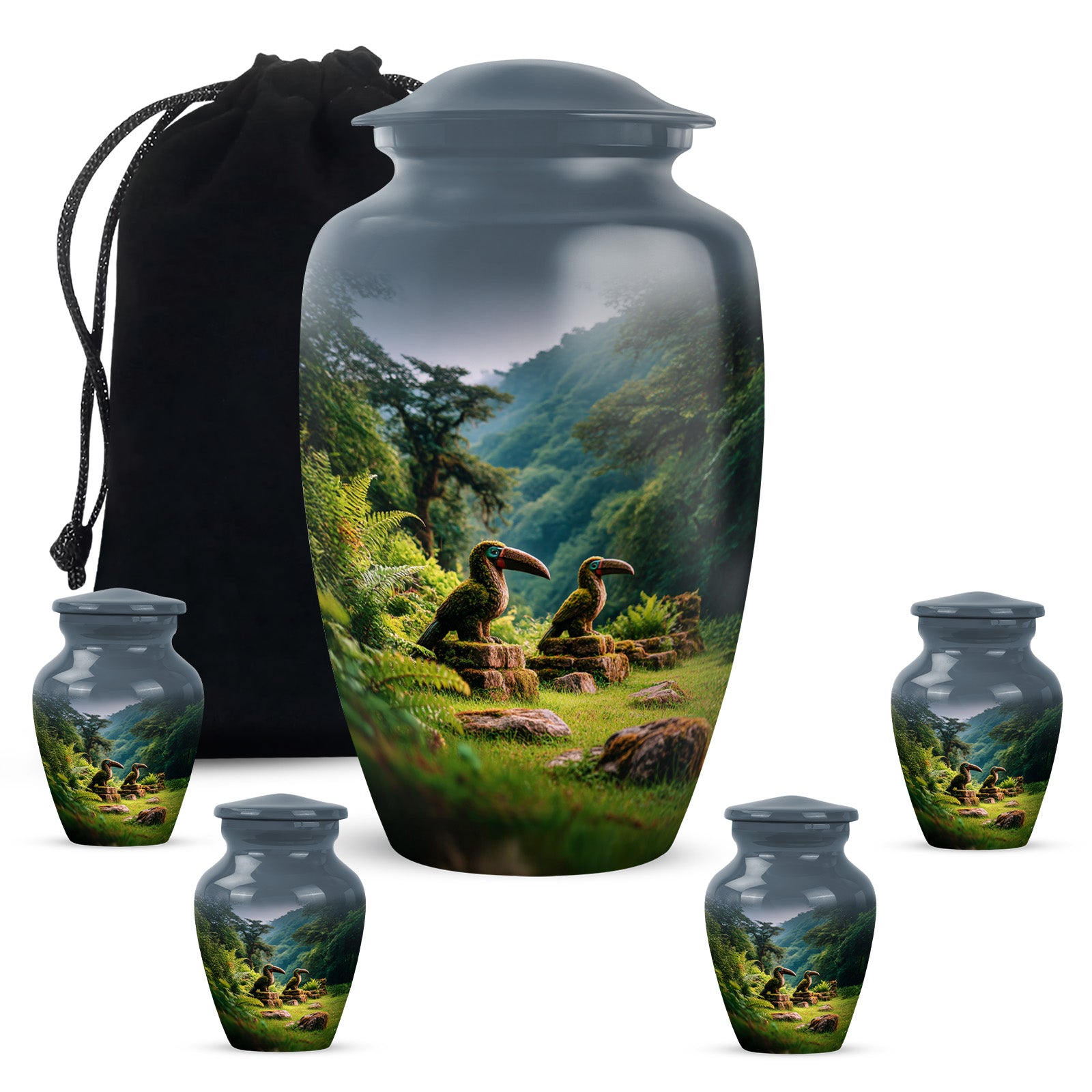 Soft Blue Hornbill Cremation Urn top-down view of secure threaded lid - elegant classic hornbill relief with fine detailing - memorial set with one large and four small urns