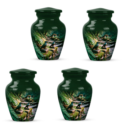 Emerald Green Hornbill Cremation Urn side profile showing urn shape - timeless hornbill motif etched into premium metal - 10 inch aluminum urn for cremated remains