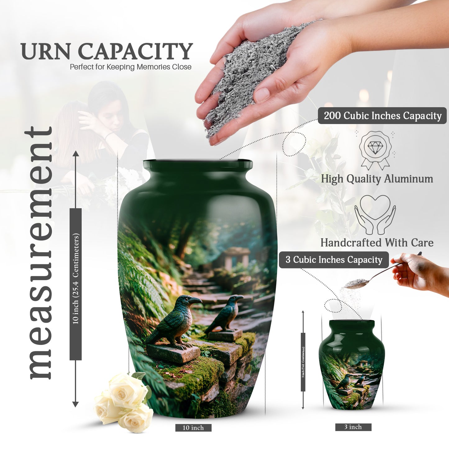 Olive Green Hornbill Cremation Urn close-up of engraving and surface detail - traditional hornbill engraving with hand-polished finish - mini keepsake memorial for portion of cremation ashes
