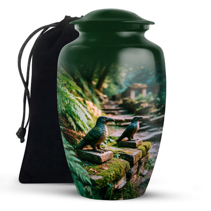 Forest Green Hornbill Cremation Urn angled view of lid and engraved motif - traditional hornbill engraving with hand-polished finish - full-size 10 inch 200 cubic inch adult cremation urn