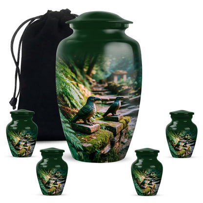 Hunter Green Hornbill Cremation Urn top-down view of secure threaded lid - elegant classic hornbill relief with fine detailing - memorial set with one large and four small urns