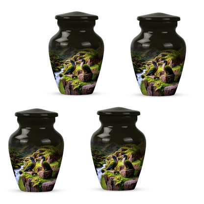 Royal Gold Hornbill Cremation Urn side profile showing urn shape - elegant classic hornbill relief with fine detailing - 10 inch aluminum urn for cremated remains