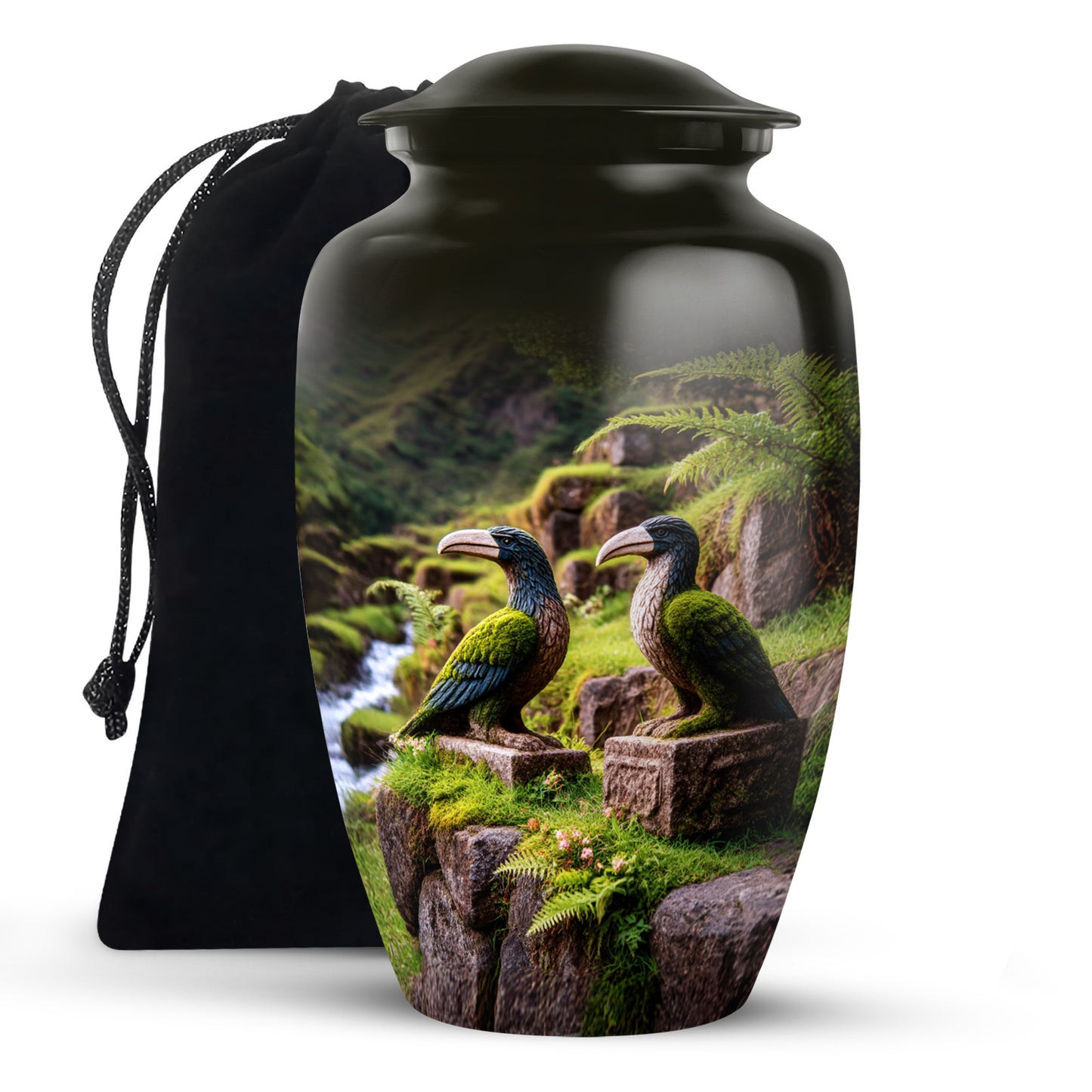 Burnished Gold Hornbill Cremation Urn angled view of lid and engraved motif - traditional hornbill engraving with hand-polished finish - full-size 10 inch 200 cubic inch adult cremation urn