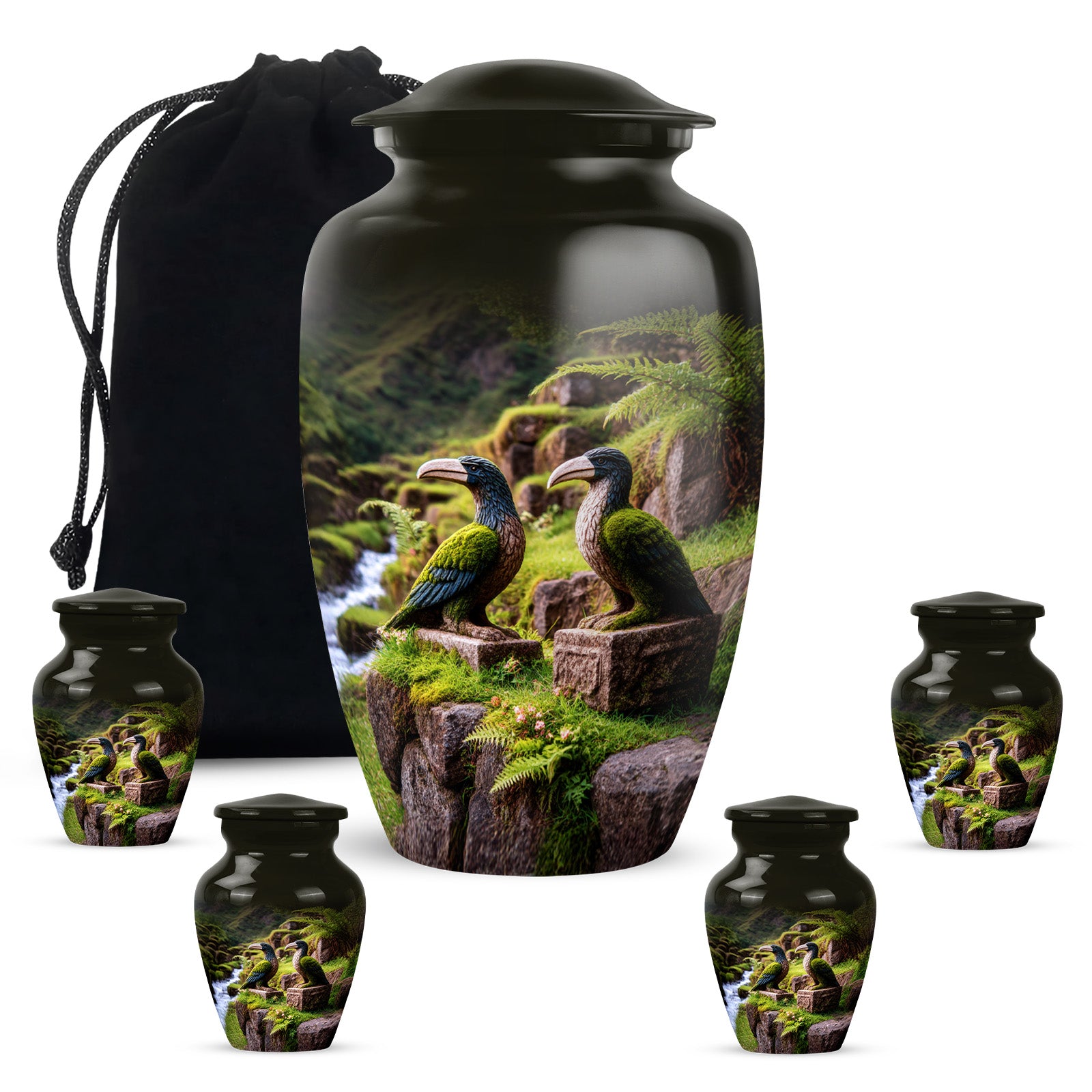 Gilded Gold Hornbill Cremation Urn top-down view of secure threaded lid - timeless hornbill motif etched into premium metal - memorial set with one large and four small urns