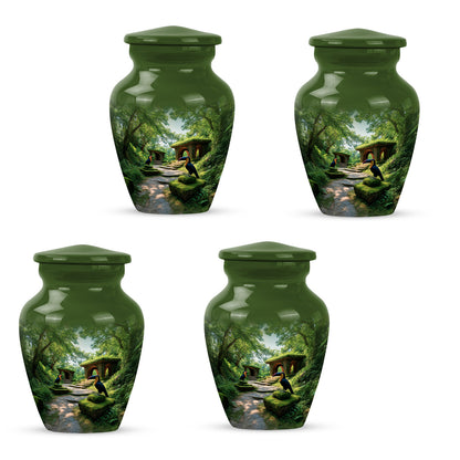 Moss Green Hornbill Cremation Urn side profile showing urn shape - timeless hornbill motif etched into premium metal - 10 inch aluminum urn for cremated remains
