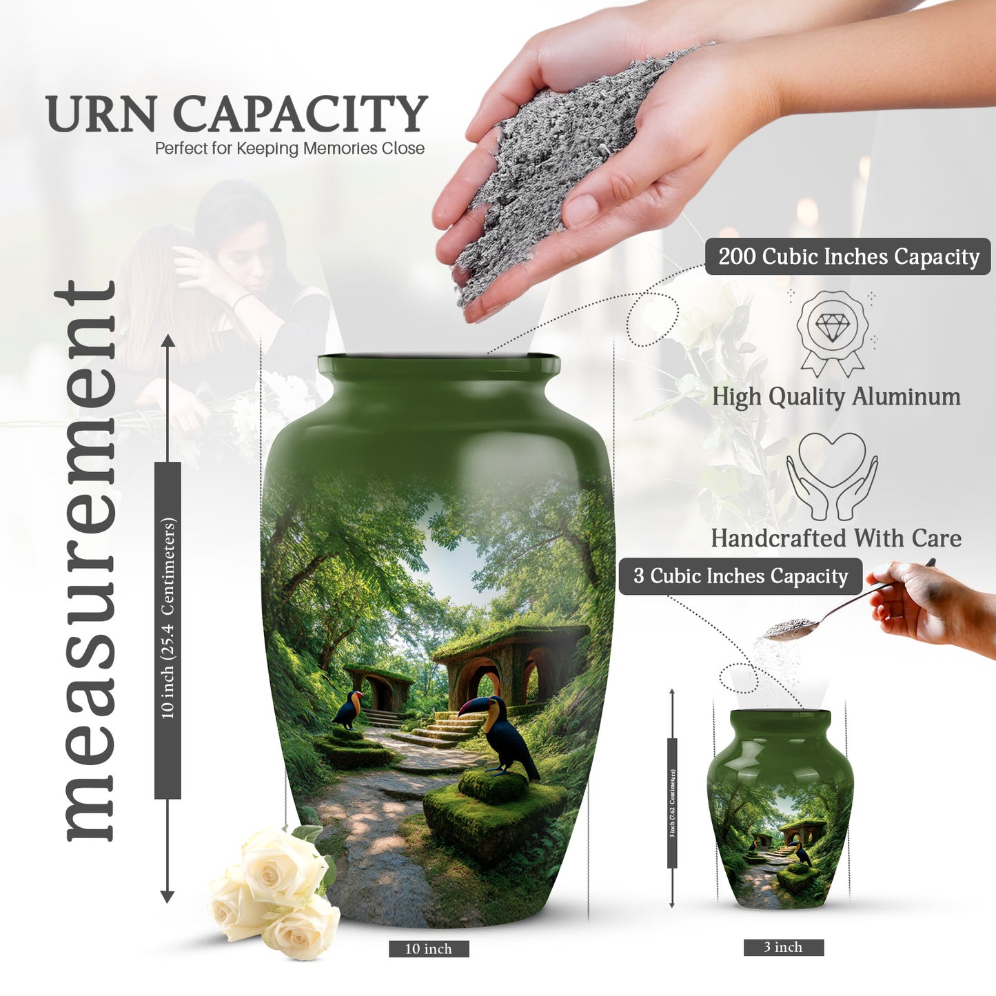 Verdant Green Hornbill Cremation Urn close-up of engraving and surface detail - timeless hornbill motif etched into premium metal - mini keepsake memorial for portion of cremation ashes