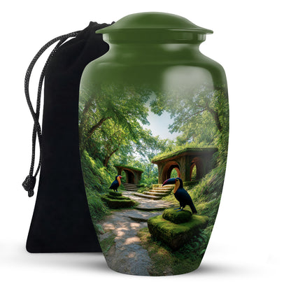 Olive Green Hornbill Cremation Urn angled view of lid and engraved motif - elegant classic hornbill relief with fine detailing - full-size 10 inch 200 cubic inch adult cremation urn