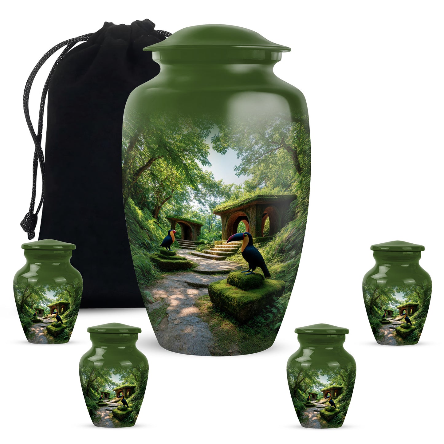 Olive Green Hornbill Cremation Urn top-down view of secure threaded lid - elegant classic hornbill relief with fine detailing - memorial set with one large and four small urns
