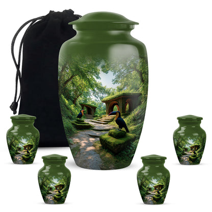 Olive Green Hornbill Cremation Urn top-down view of secure threaded lid - elegant classic hornbill relief with fine detailing - memorial set with one large and four small urns