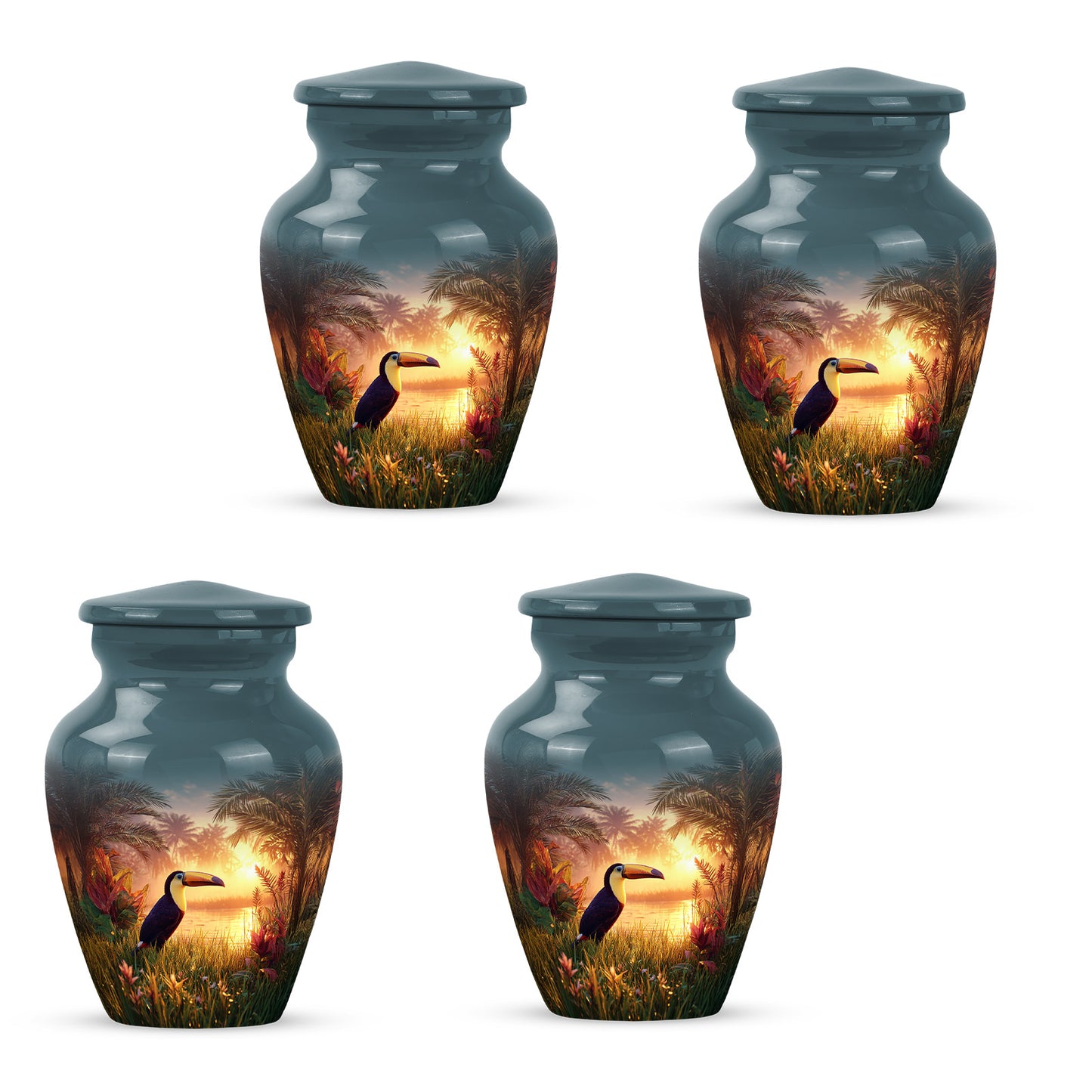 Soft Teal Hornbill Cremation Urn side profile showing urn shape - classic sculpted hornbill pattern on smooth aluminum - 10 inch aluminum urn for cremated remains