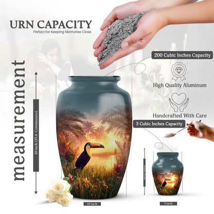 Soft Teal Hornbill Cremation Urn close-up of engraving and surface detail - timeless hornbill motif etched into premium metal - mini keepsake memorial for portion of cremation ashes