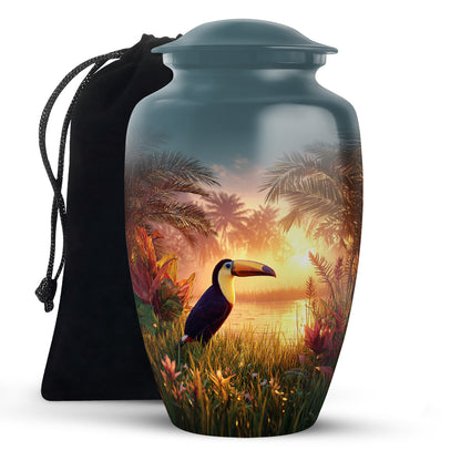Deep Teal Hornbill Cremation Urn angled view of lid and engraved motif - elegant classic hornbill relief with fine detailing - full-size 10 inch 200 cubic inch adult cremation urn