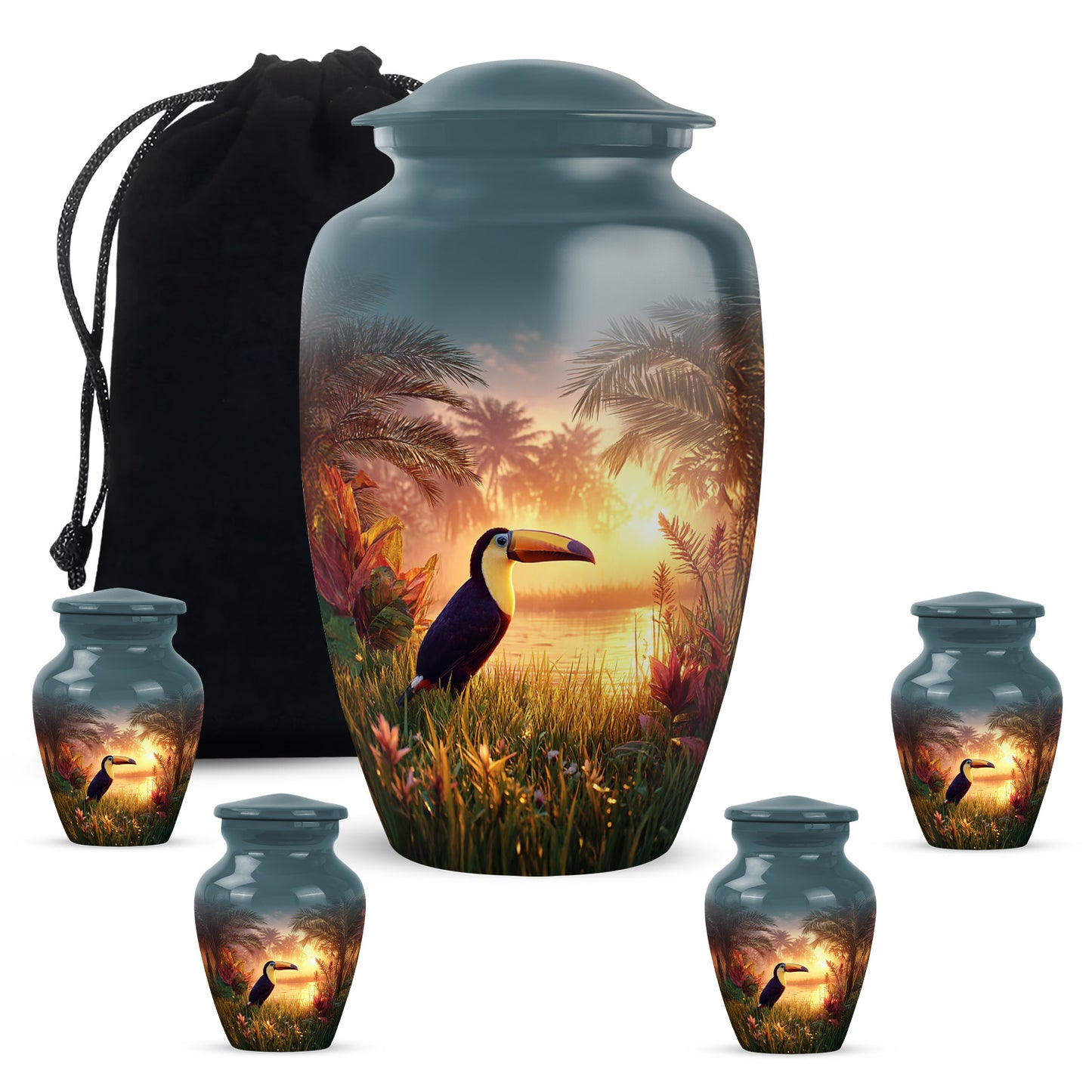Vivid Teal Hornbill Cremation Urn top-down view of secure threaded lid - traditional hornbill engraving with hand-polished finish - memorial set with one large and four small urns