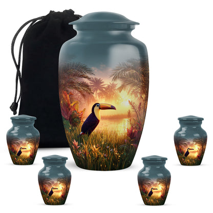 Vivid Teal Hornbill Cremation Urn top-down view of secure threaded lid - traditional hornbill engraving with hand-polished finish - memorial set with one large and four small urns