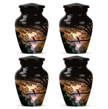 Ebony Hornbill Cremation Urn side profile showing urn shape - timeless hornbill motif etched into premium metal - 10 inch aluminum urn for cremated remains