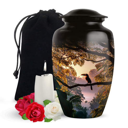Ebony Hornbill Cremation Urn angled view of lid and engraved motif - classic sculpted hornbill pattern on smooth aluminum - full-size 10 inch 200 cubic inch adult cremation urn