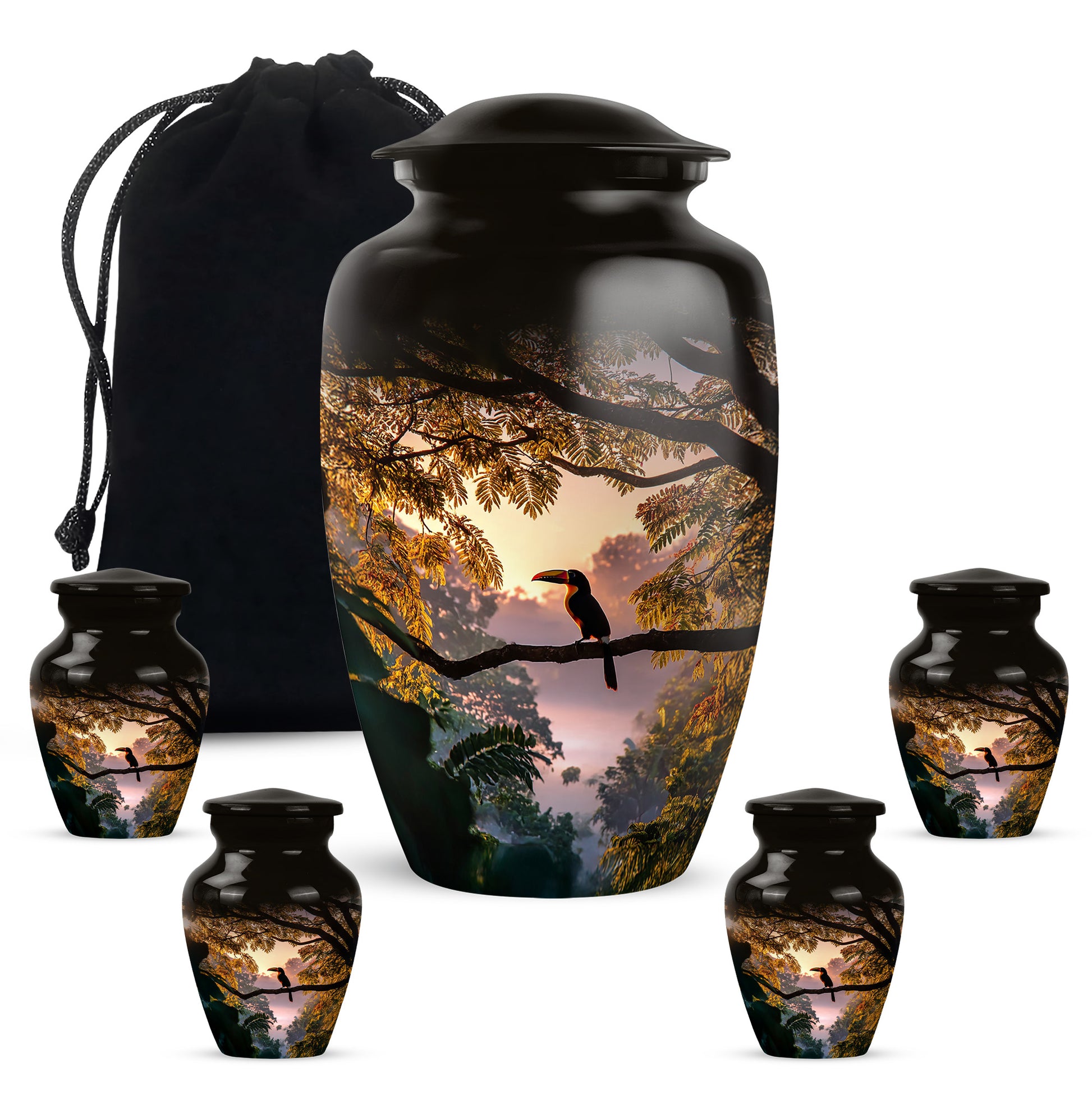 Onyx Black Hornbill Cremation Urn top-down view of secure threaded lid - traditional hornbill engraving with hand-polished finish - memorial set with one large and four small urns