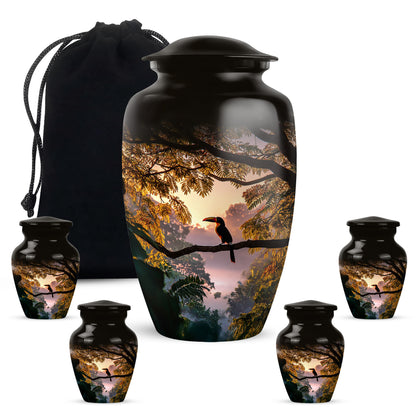 Onyx Black Hornbill Cremation Urn top-down view of secure threaded lid - traditional hornbill engraving with hand-polished finish - memorial set with one large and four small urns