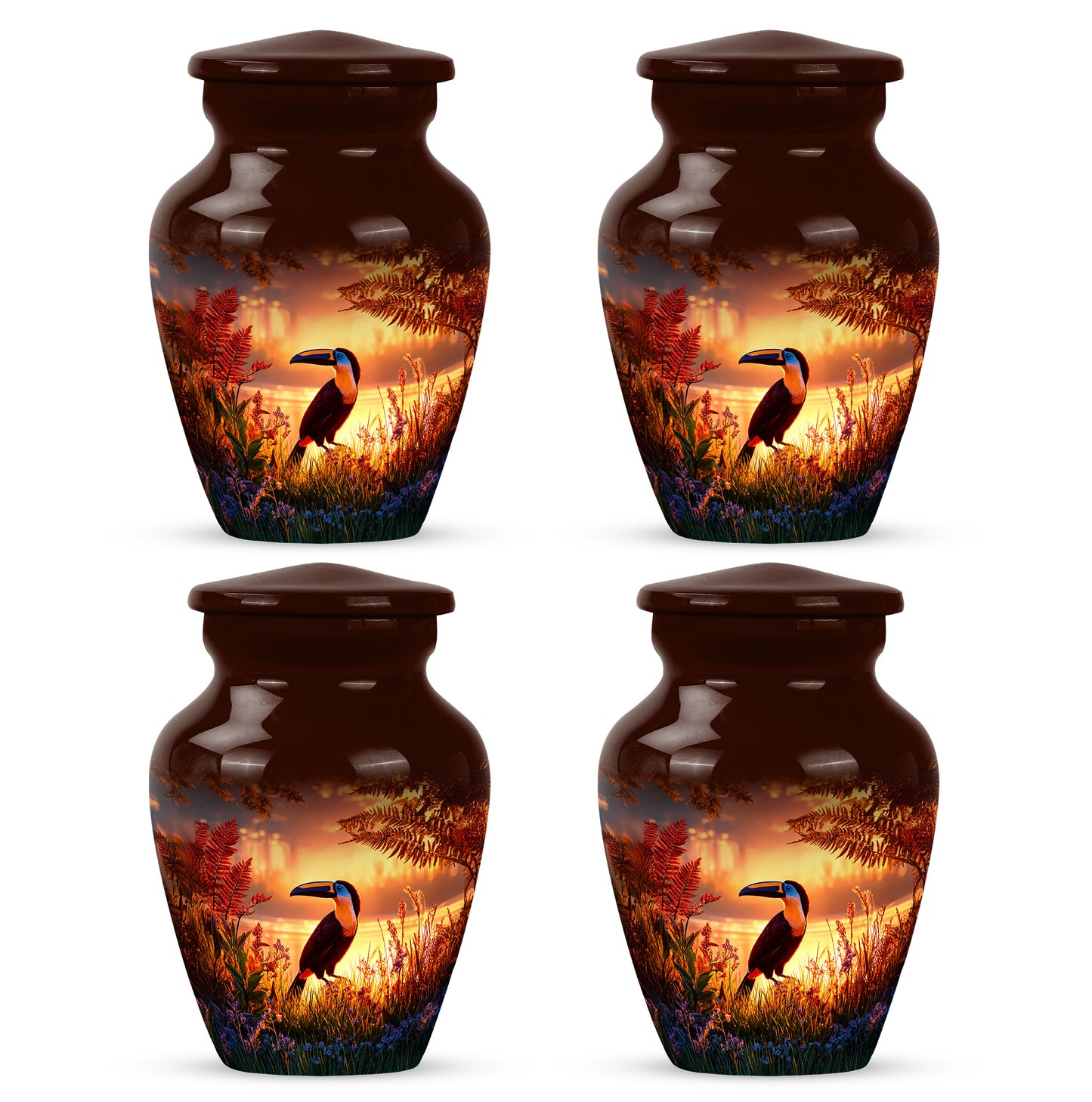 Deep Red Hornbill Cremation Urn side profile showing urn shape - timeless hornbill motif etched into premium metal - 10 inch aluminum urn for cremated remains