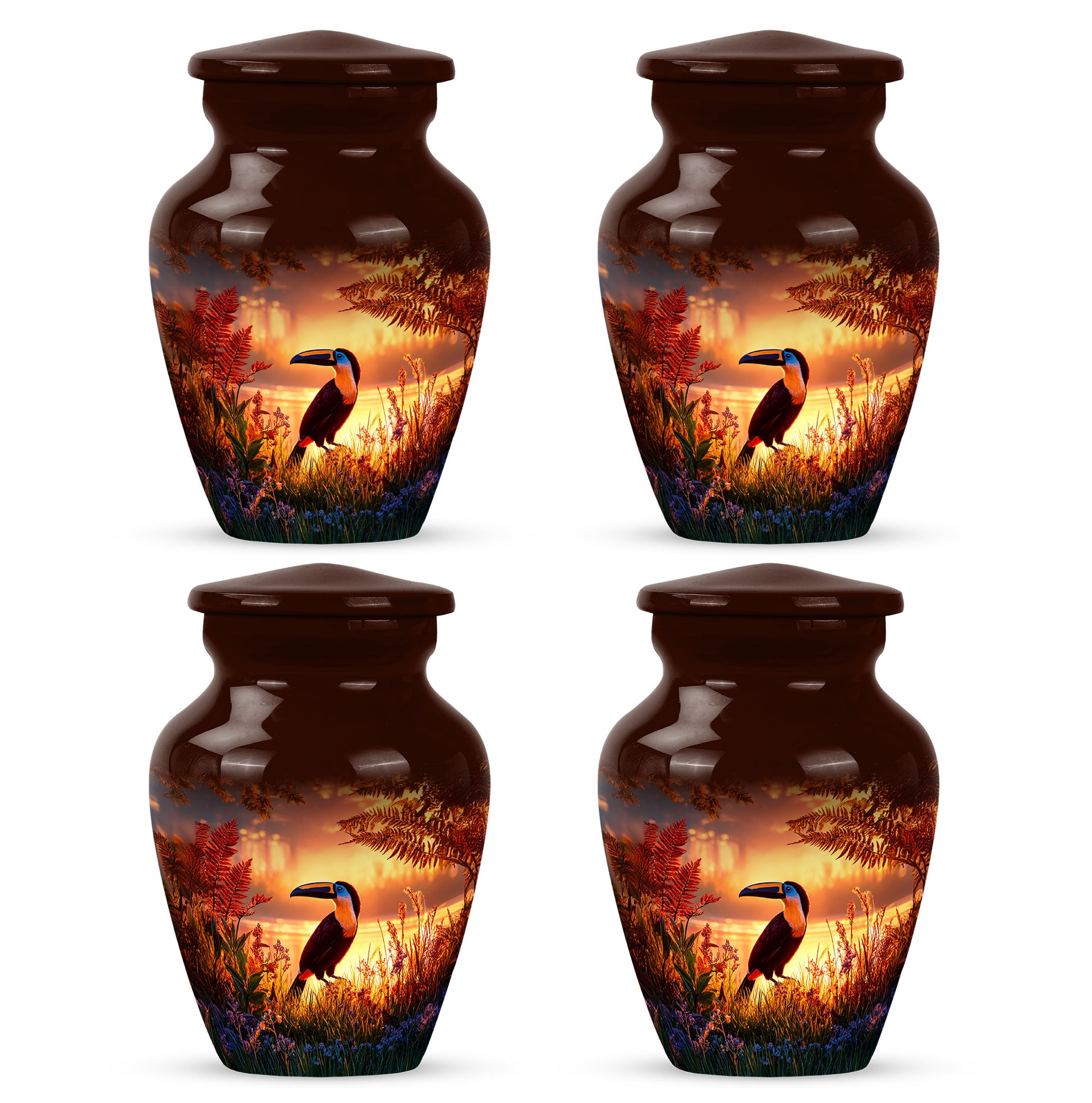 Deep Red Hornbill Cremation Urn side profile showing urn shape - timeless hornbill motif etched into premium metal - 10 inch aluminum urn for cremated remains