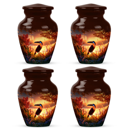 Deep Red Hornbill Cremation Urn side profile showing urn shape - timeless hornbill motif etched into premium metal - 10 inch aluminum urn for cremated remains