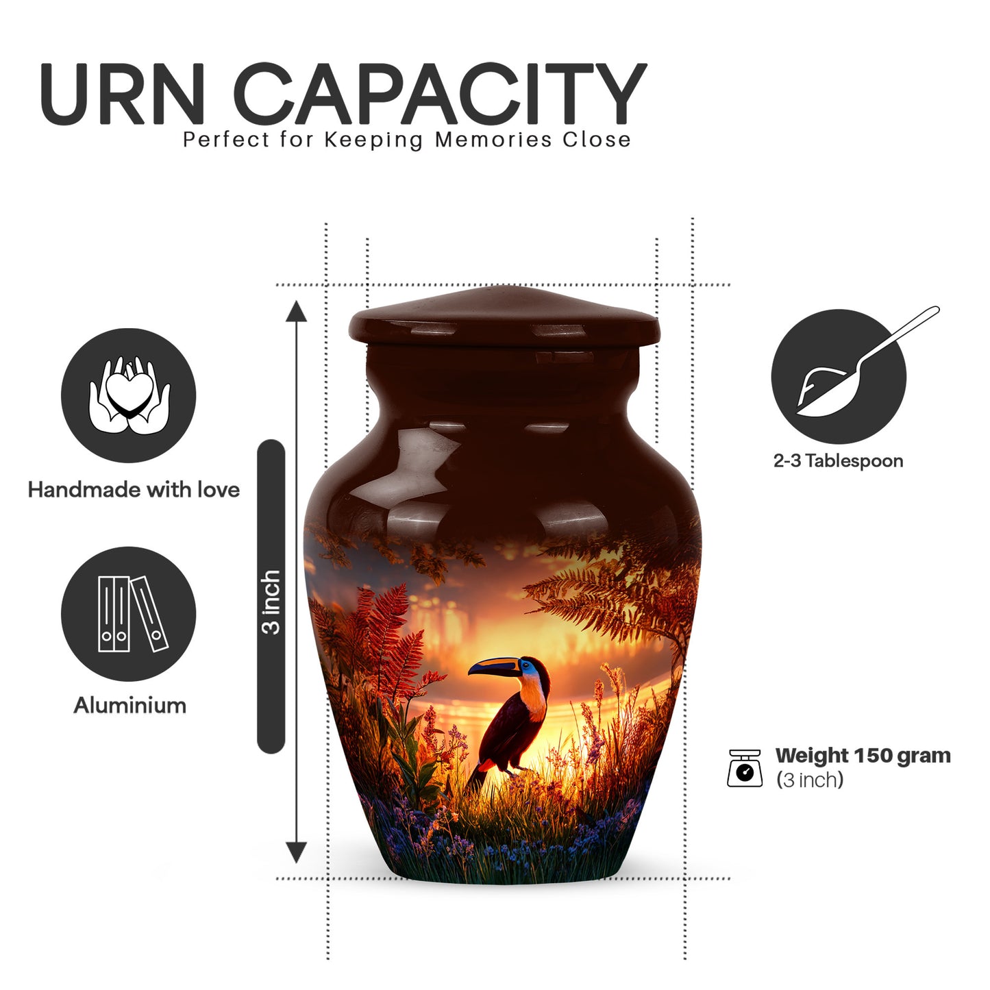 Wine Red Hornbill Cremation Urn close-up of engraving and surface detail - classic sculpted hornbill pattern on smooth aluminum - mini keepsake memorial for portion of cremation ashes