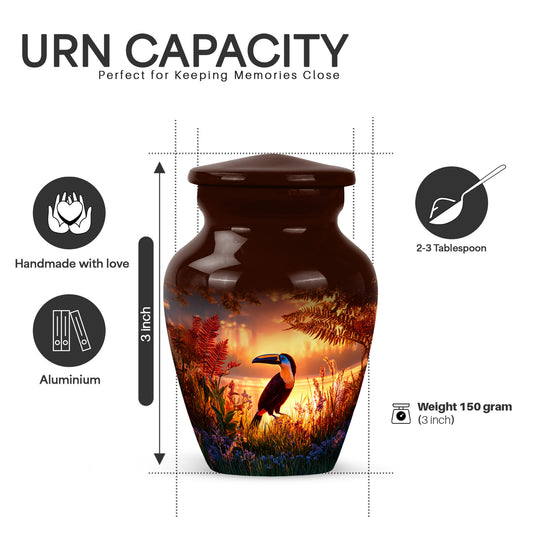 Wine Red Hornbill Cremation Urn close-up of engraving and surface detail - classic sculpted hornbill pattern on smooth aluminum - mini keepsake memorial for portion of cremation ashes